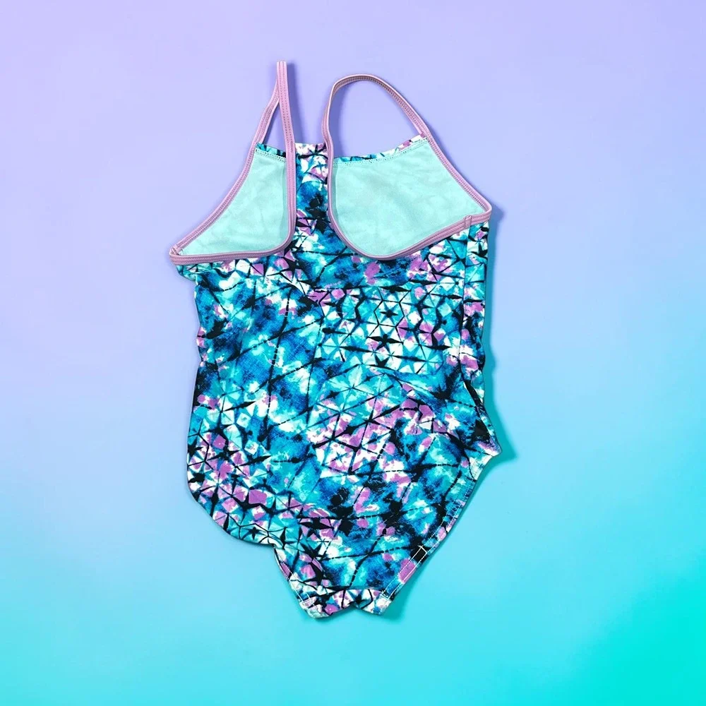 Speedo Girls One Piece Swimsuit Geometric Tie Dye Blue Purple Size Small 7/8